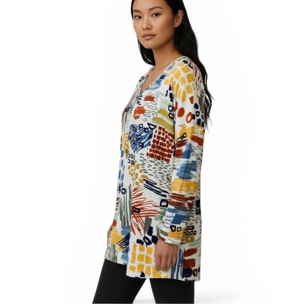 Ali Miles Womens Large Abstract Paintbrush Print V-Neck 3/4 Sleeve Tunic Top